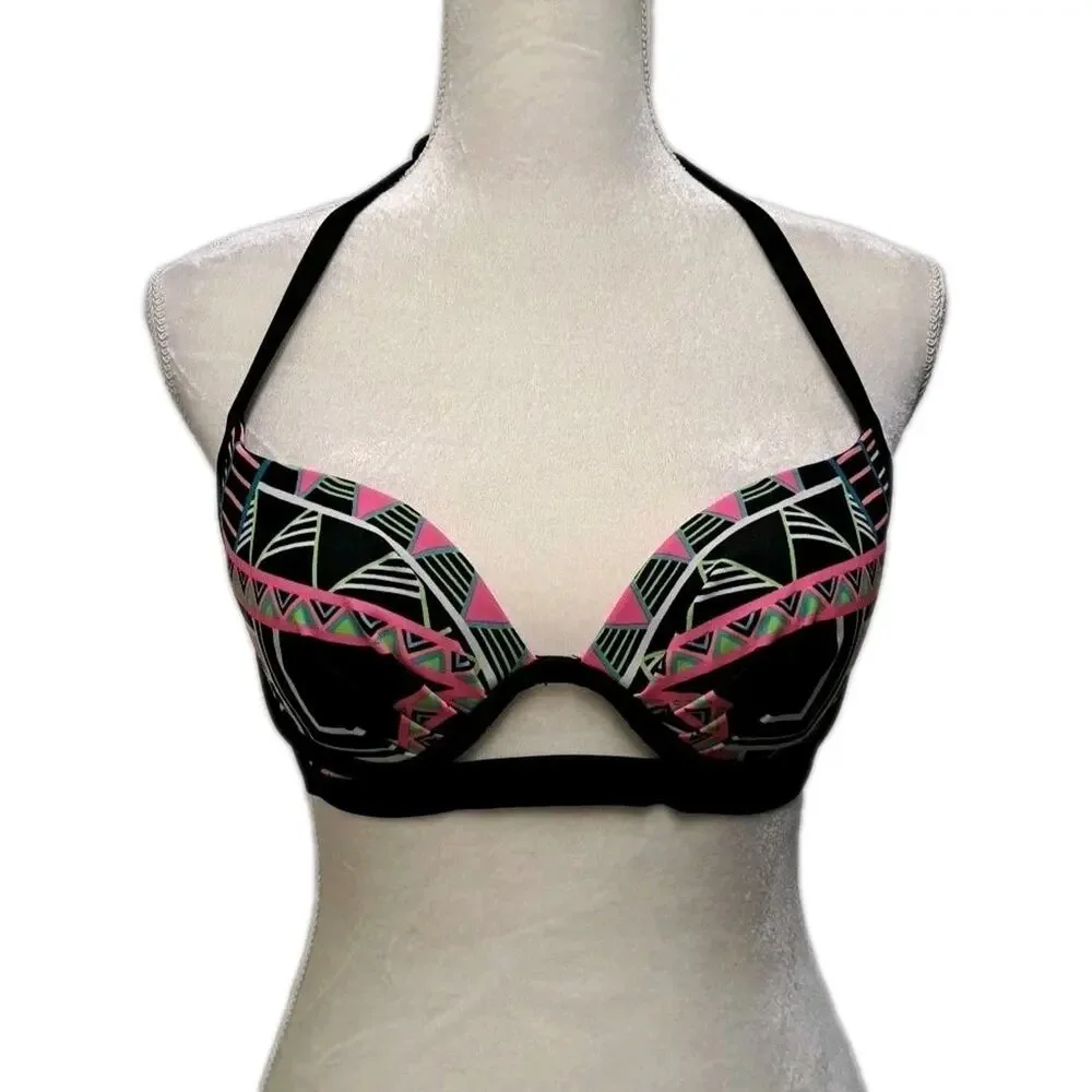 Coco Rave Bikini Swim Top Womens 34 B/C Cup Black Neon Geo Print Underwire Beach